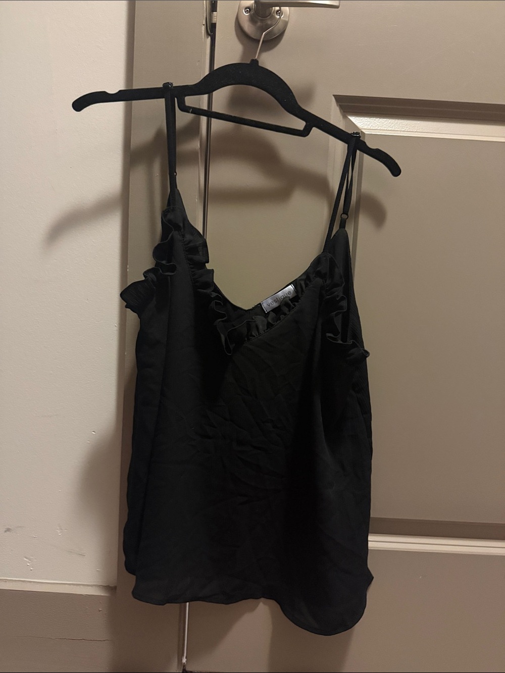 vestique Black Ruffle-Detail Spaghetti Strap Cami